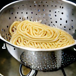 the cooked spaghetti is drained in a colander.