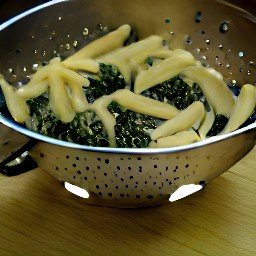 the cooked penne-kale is drained in a colander.