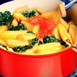 the pasta is now mixed with the tomato sauce.