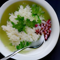 a bowl of rice with vegetable broth, zested lemons, lemon juice, red onions, and celery sticks mixed in. the bowl is topped with parsley and pomegranate seeds.