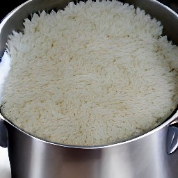 a pot of basmati rice that has been cooked with 0.7 cups of water, 1 tsp of salt, and low heat for 20 minutes.