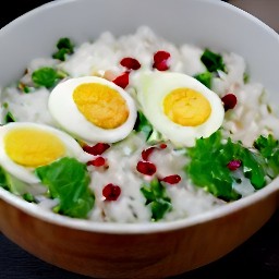halved eggs added to the bowl of rice.