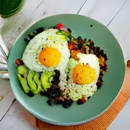 a plate with black beans rice, fried eggs, and avocados, with pickled jalapeno and sour cream on top.