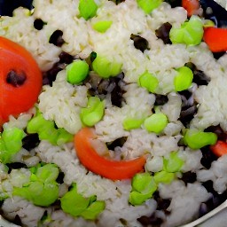 the lid was taken off the frying pan to reveal black beans and rice.