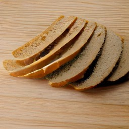 the bread is sliced into six thin pieces.