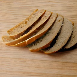 the bread is sliced into six thin pieces.