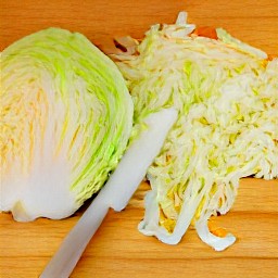 the cabbage and the red cabbage are cut finely.