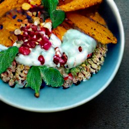 a dish with pomegranate seeds, pearl barley, parsnip, and tahini yogurt.