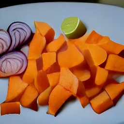 cut sweet potatoes into chunks and lime into wedges. peel and slice a red onion, then chop coriander. this will result in sweet potato chunks, lime wedges, peeled and sliced red onion, and chopped coriander.