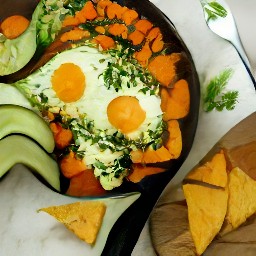 the dish served should include spicy sweet potatoes, eggs, avocado slices, lime wedges, and crumbled cheese tortilla chips.