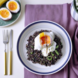 

This gluten-free, nuts-free and soy-free European lunch is light yet satisfying, combining eggplants, kale, black rice and soft boiled eggs with Greek yogurt for a delicious meal.