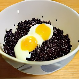 there black rice, eggplants, greek yogurt, and eggs in the bowl.
