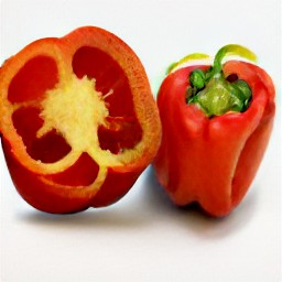 two halves of a red bell pepper with the seeds removed.