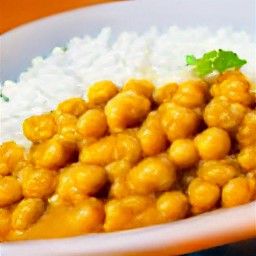 a chickpea curry served with cooked white rice.