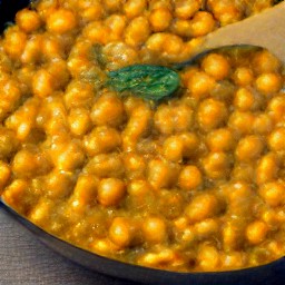 a chickpea curry with curry paste, chopped tomatoes, coconut cream, and chopped coriander and spinach.