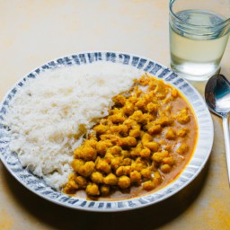 

This vegan, nuts-free, gluten and eggs-free, soy and lactose-free Indian chickpea curry is made of flavorful onions, garlic and coconut cream served over white rice.