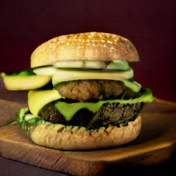 a cheese burger with cucumbers on top of halved floury rolls.