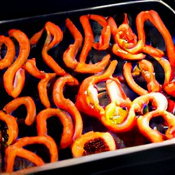 a tray of red bell peppers that have been drizzled with half a tbsp of olive oil.