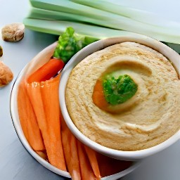 a tray with veggie dippers in a pot and a side of pepper and walnut hummus dip.