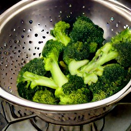cooked broccoli florets that have been drained in a colander.