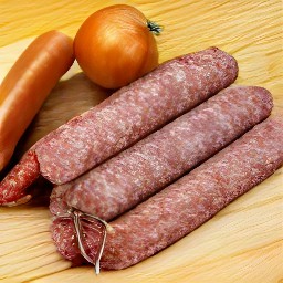 sliced vegetarian sausages and peeled and chopped onion.