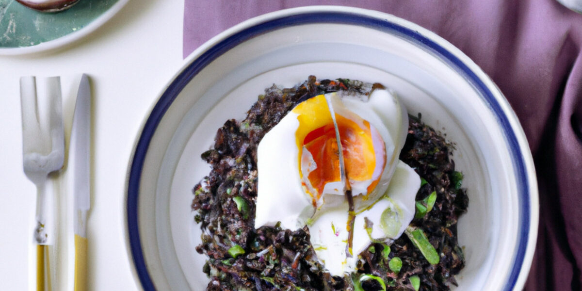 soft-boiled eggs with black rice and eggplants