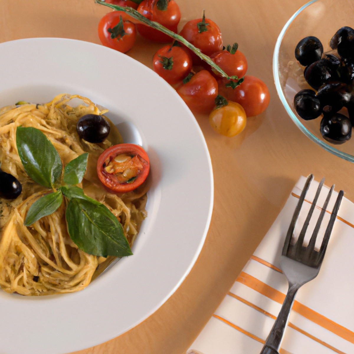 spaghetti with cherry tomato and olive sauce