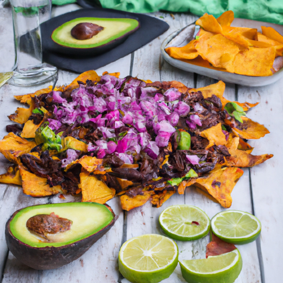 sweet potato nachos with black beans and beyond burger