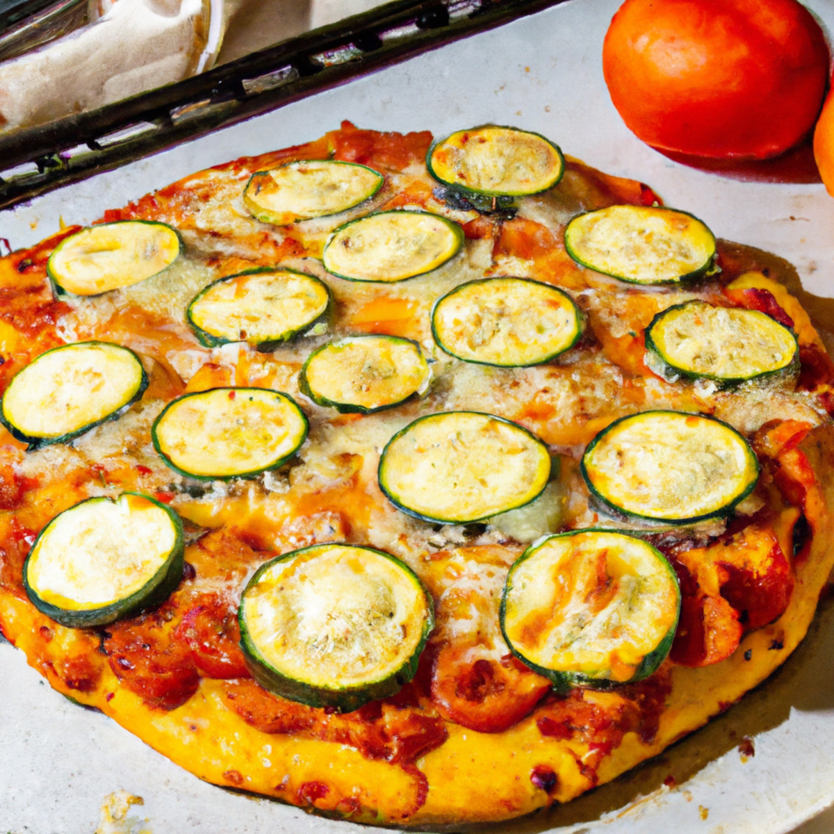 zucchini and tomato cheesy pizza